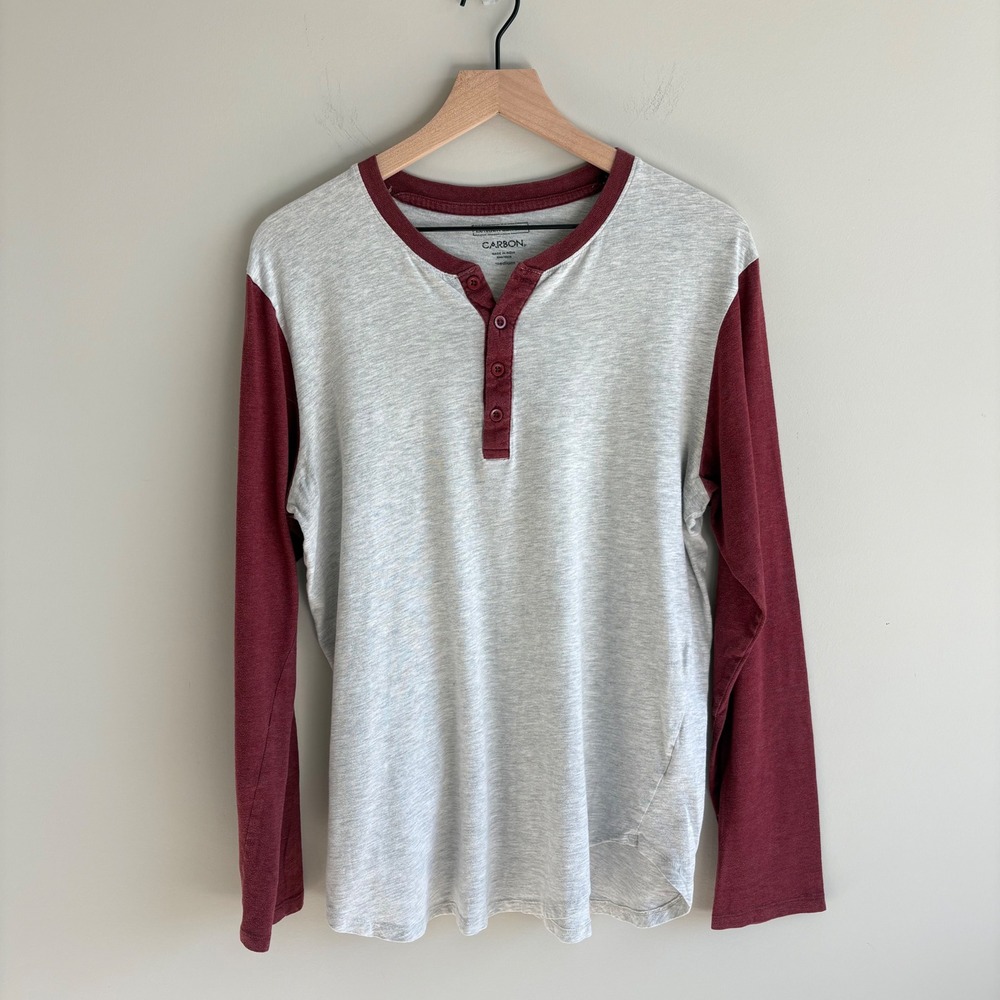 Carbon Henley Shirt Medium Gray Burgundy Long Sleeve Raglan Longer Length